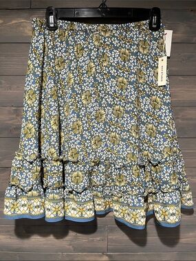NWT Max Studio Blue and Yellow Floral Ruffle Hem Skirt S